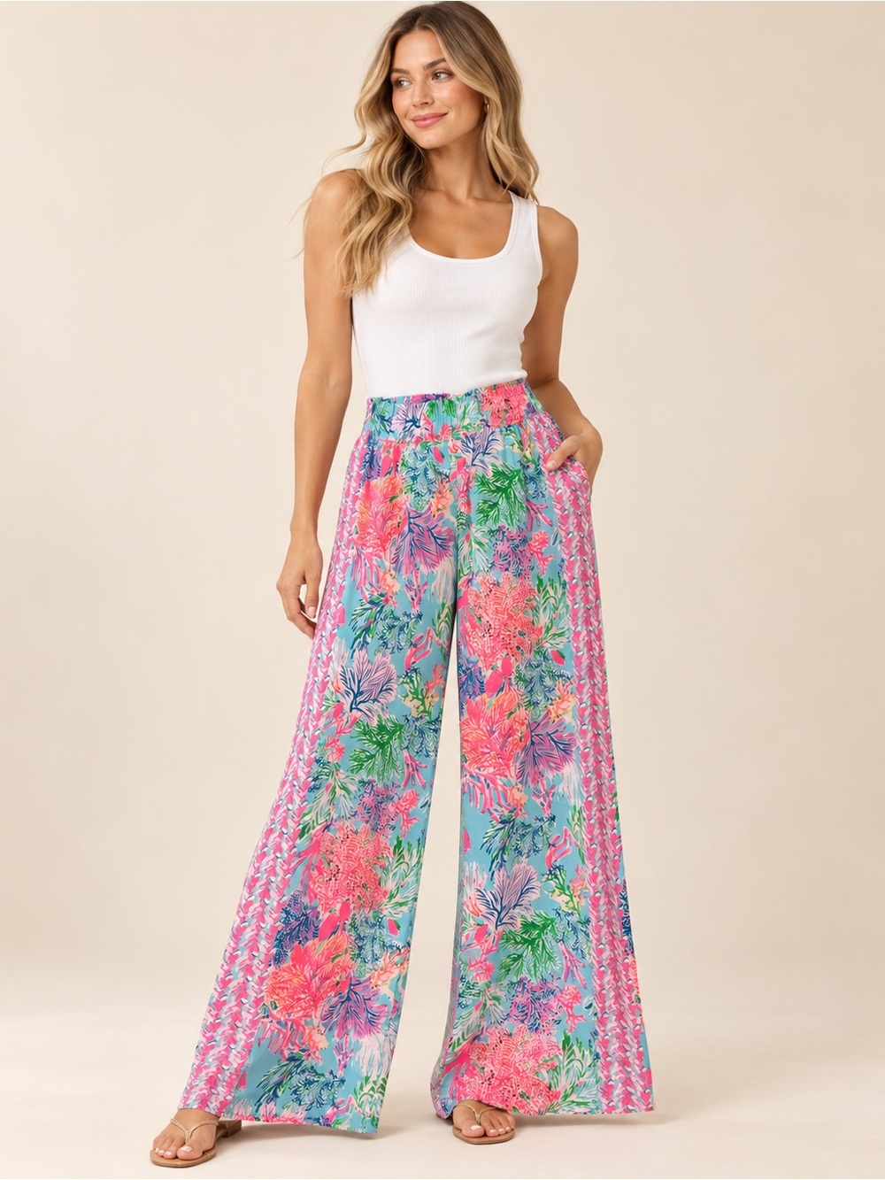 Lilly Pulitzer Ladies Floral Wide-Leg Pants in Pink, Blue & Green